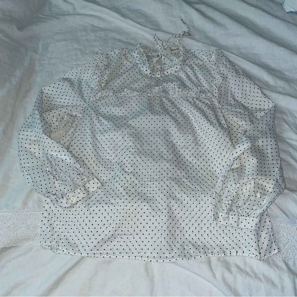 Madewell XL Mockneck Ruffle Top in Flocked Dot Shirt white long sleeve polka - Picture 3 of 8